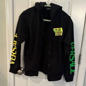 Versace Black Hoodie with Vibrant Yellow and Green Details